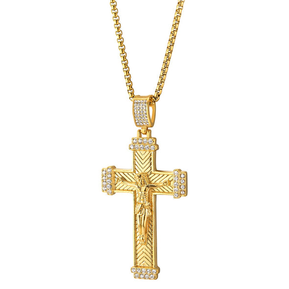 Men Women Steel Gold Color Jesus Christ Crucifix Cross Pendant Necklace with Cubic Zirconia - COOLSTEELANDBEYOND Jewelry