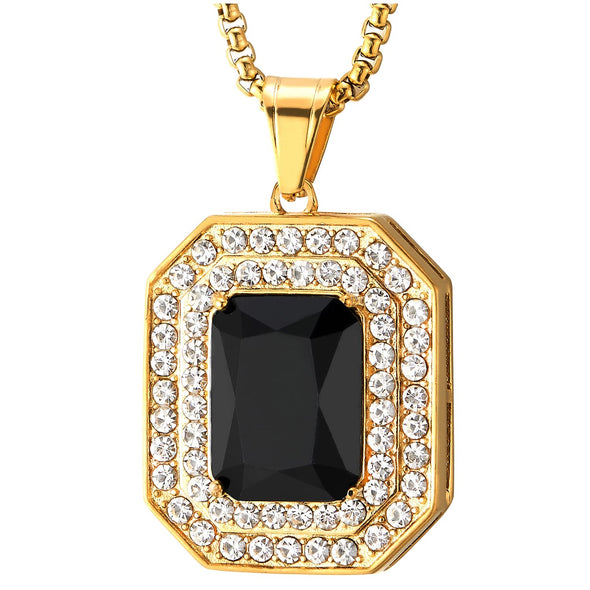 Men Women Steel Gold Color Rectangle Medal Pendant Necklace with Black Onyx and Cubic Zirconia - COOLSTEELANDBEYOND Jewelry