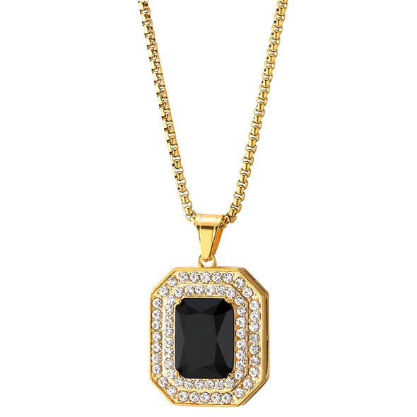 Men Women Steel Gold Color Rectangle Medal Pendant Necklace with Black Onyx and Cubic Zirconia - COOLSTEELANDBEYOND Jewelry