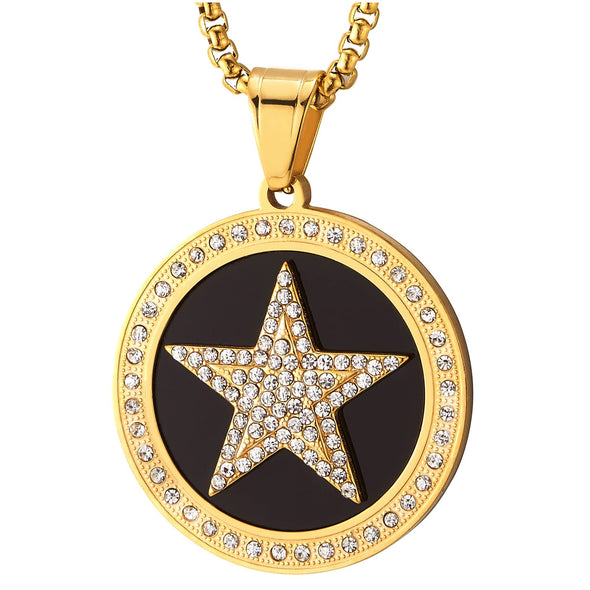 Men Women Steel Gold Color Star Circle Medal Pendant Necklace with Cubic Zirconia and Black Onyx - COOLSTEELANDBEYOND Jewelry