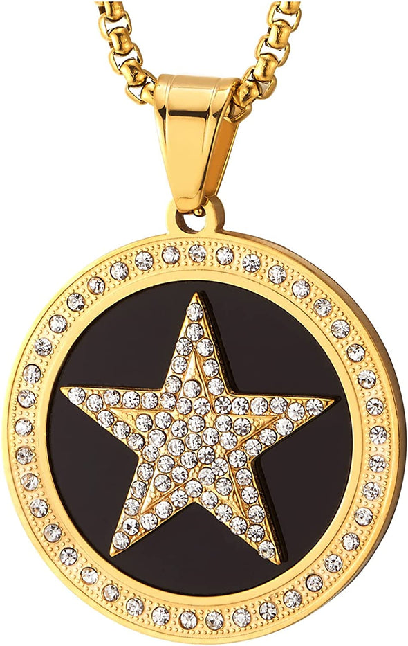 Men Women Steel Gold Color Star Circle Medal Pendant Necklace with Cubic Zirconia and Black Onyx - COOLSTEELANDBEYOND Jewelry
