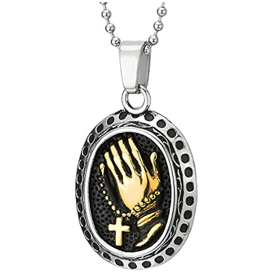 Men Women Steel Praying Hand with Cross Oval Pendant Necklace with Dots, Silver Gold Black - COOLSTEELANDBEYOND Jewelry