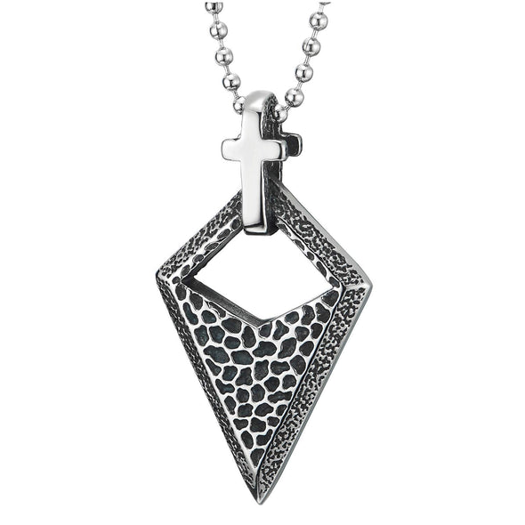 Men Women Steel Vintage Concave Dotted Open Rhombus Cross Pendant Necklace with 30 in Ball Chain - coolsteelandbeyond
