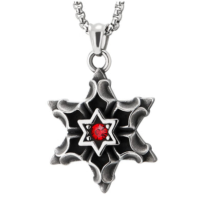 Men Women Steel Vintage Concave Star of David Pendant Necklace with Red Cubic Zirconia - COOLSTEELANDBEYOND Jewelry