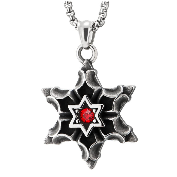 Men Women Steel Vintage Concave Star of David Pendant Necklace with Red Cubic Zirconia - COOLSTEELANDBEYOND Jewelry