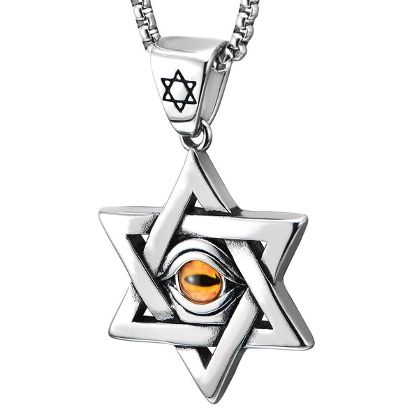 Men Women Steel Vintage Star of David Pendant Necklace with Evil Eye Protection, 23.6 in Wheat Chain - COOLSTEELANDBEYOND Jewelry