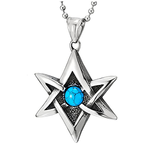 Men Women Steel Vintage Star of David Pendant Necklace with Gem Stone Turquoise 30 inches Ball Chain - COOLSTEELANDBEYOND Jewelry