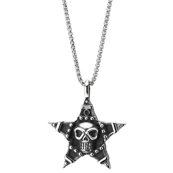 Men Women Vintage Steel Pentagram Star Pendant Necklace with Embossed Skull and Rivets, 30 in Chain - COOLSTEELANDBEYOND Jewelry
