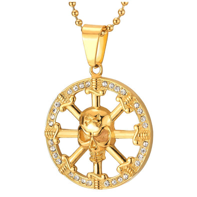 Men Womens Steel Gold Color Sword Pirate Skull Marine Boat Steering Wheel Pendant Necklace with CZ - COOLSTEELANDBEYOND Jewelry