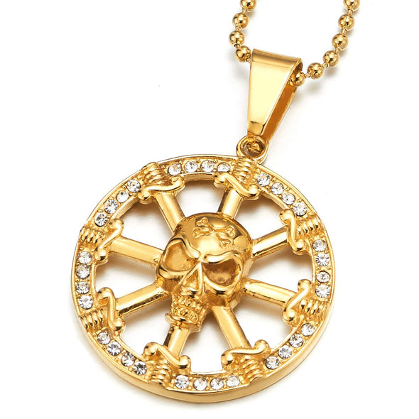 Men Womens Steel Gold Color Sword Pirate Skull Marine Boat Steering Wheel Pendant Necklace with CZ - COOLSTEELANDBEYOND Jewelry