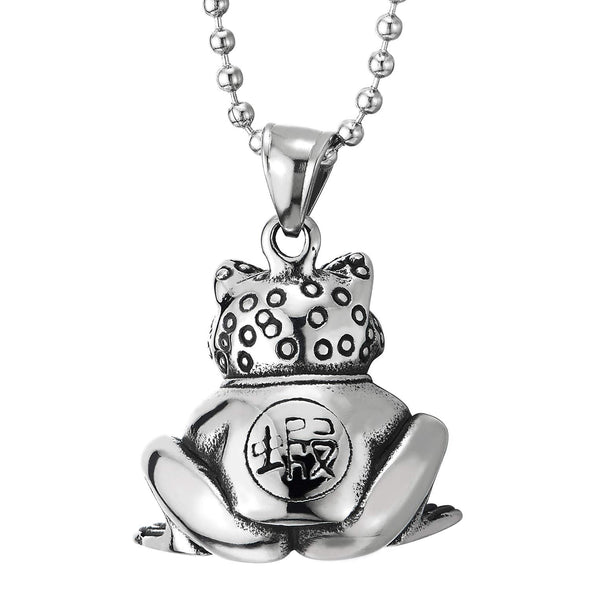 Men Womens Steel Vintage Arms-crossed Lucky Frog Pendant Necklace, 30 inches Ball Chain - coolsteelandbeyond