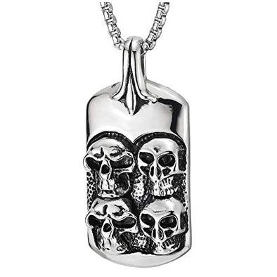 Mens Biker Jewelry Steel Vintage Shield Skulls Dog Tag Pendant Necklace with 30 inches Wheat Chain - COOLSTEELANDBEYOND Jewelry