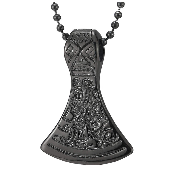Mens Black Steel Thors Hammer Ax Pendant Necklace with Tribal Tattoo Pattern, 23.6 inches Ball Chain