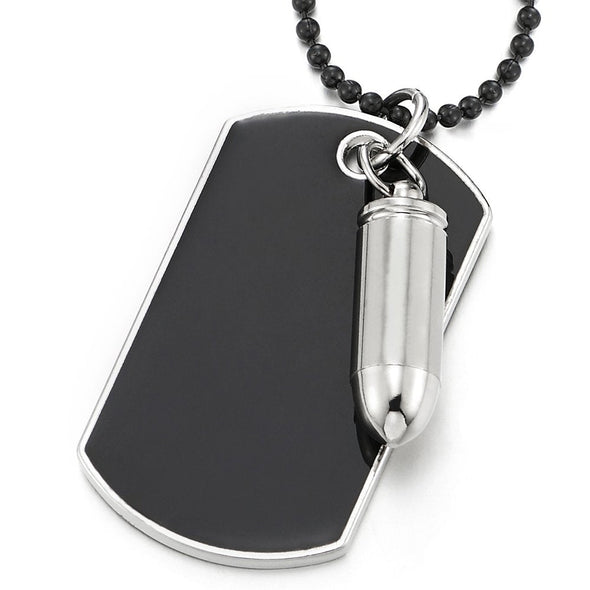 Mens Bullet Dog Tag Pendant Necklace with Black Enamel and 28 inches Ball Chain - coolsteelandbeyond