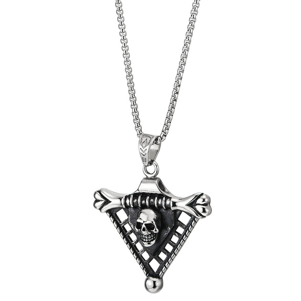 Mens Cool Stainless Steel Grid Triangle Bone Skull Pendant Necklace with 30 inches Wheat Chain - COOLSTEELANDBEYOND Jewelry