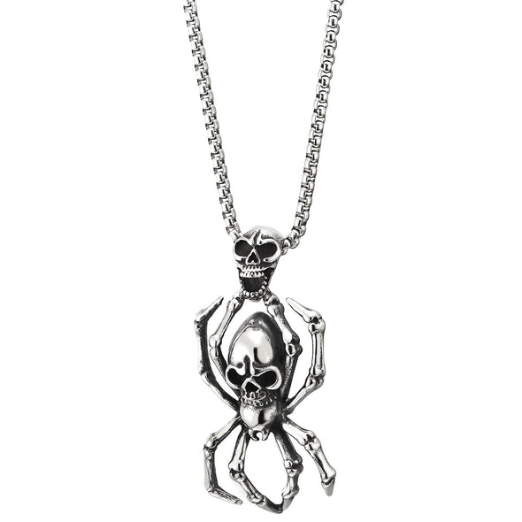 Mens Cool Stainless Steel Spider Double Skulls Pendant Necklace with 23.6 inches Wheat Chain - COOLSTEELANDBEYOND Jewelry
