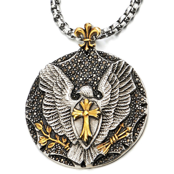 Mens Eagle Cross Pendant Necklace with Black Cubic Zirconia Steel Silver Gold with 30 in Wheat Chain - coolsteelandbeyond