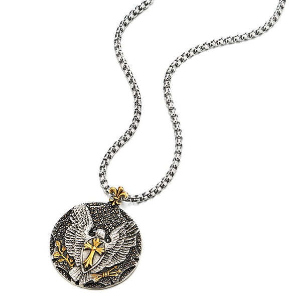 Mens Eagle Cross Pendant Necklace with Black Cubic Zirconia Steel Silver Gold with 30 in Wheat Chain - coolsteelandbeyond
