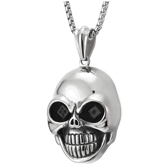 Mens Gothic Biker Stainless Steel Dice Eyes Skull Pendant Necklace, Polished, 30 inches Wheat Chain - COOLSTEELANDBEYOND Jewelry