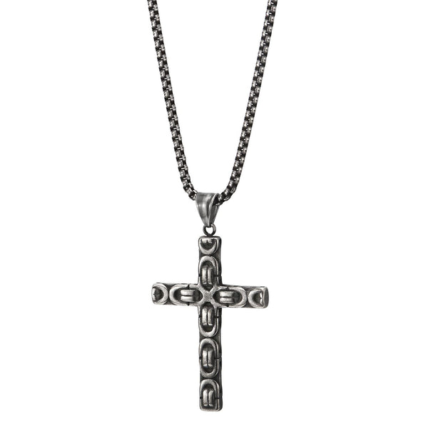 Mens Old Metal Treatment Steel Byzantine Chain Pattern Cross Pendant Necklace with 26.8 in Chain - COOLSTEELANDBEYOND Jewelry