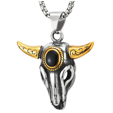 Mens Silver Gold Steel Bull Head Skull Pendant Necklace with Black Enamel 23.6 inches Wheat Chain - COOLSTEELANDBEYOND Jewelry