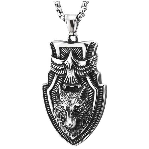 Mens Special Stainless Steel Eagle Wolf Head Knight Shield Pendant Necklace 23.6 inches Wheat Chain - COOLSTEELANDBEYOND Jewelry