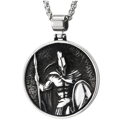 Mens Stainless Steel Black Silver Warrior Circle Medal Pendant Necklace with 30 inches Wheat Chain - COOLSTEELANDBEYOND Jewelry