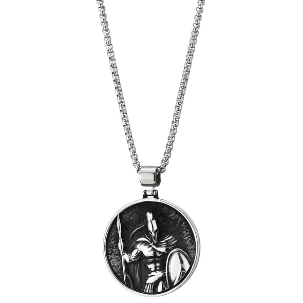 Mens Stainless Steel Black Silver Warrior Circle Medal Pendant Necklace with 30 inches Wheat Chain - COOLSTEELANDBEYOND Jewelry