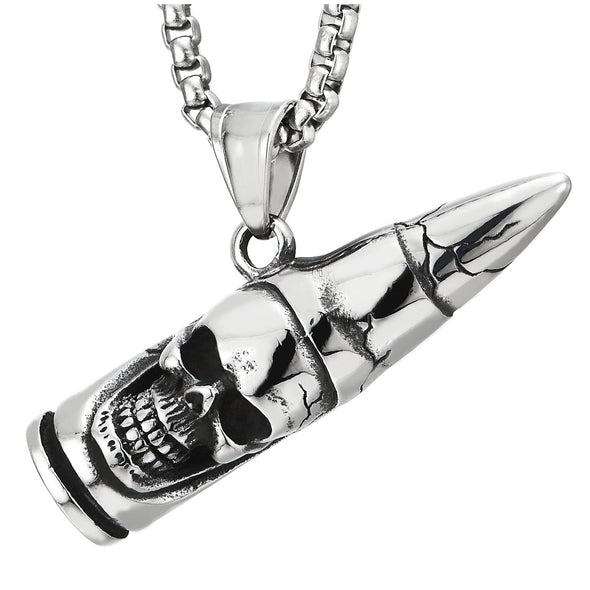 Mens Stainless Steel Crack Bullet Skull Pendant Necklace with 23.6 inches Wheat Chain - COOLSTEELANDBEYOND Jewelry