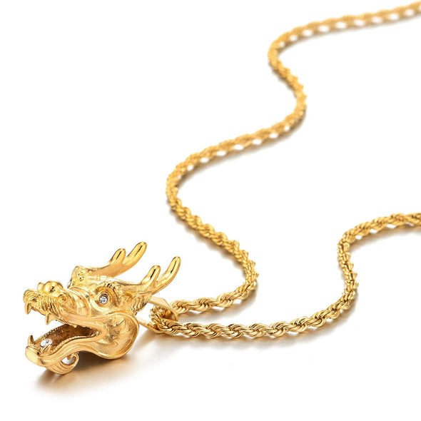 Mens Stainless Steel Gold Color Dragon Head Pendant Necklace with Cubic Zirconia, 30 in Rope Chain - coolsteelandbeyond