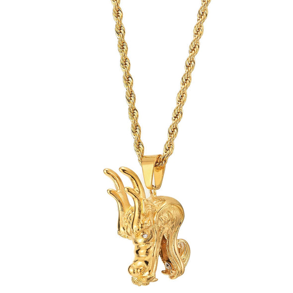 Mens Stainless Steel Gold Color Dragon Head Pendant Necklace with Cubic Zirconia, 30 in Rope Chain - coolsteelandbeyond