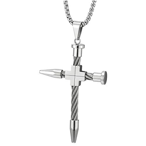 Mens Stainless Steel Large Nail Cross Pendant Necklace, 30 inches Wheat Chain, Punk
