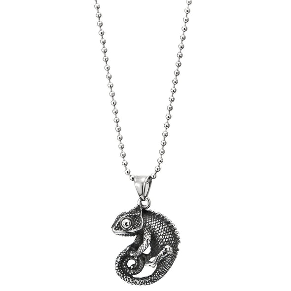 Mens Stainless Steel Lizard Chameleon Pendant Necklace with 23.6 inches Ball Chain - COOLSTEELANDBEYOND Jewelry