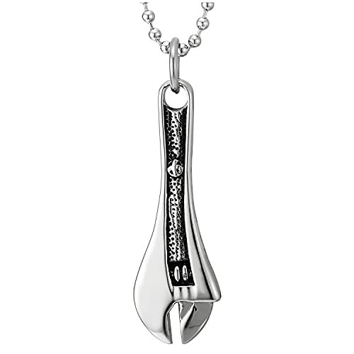 Mens Stainless Steel Vintage Wrench Spanner Pendant Necklace with 23.6 inches Ball Chain - COOLSTEELANDBEYOND Jewelry