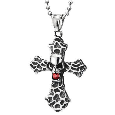 Mens Steel Grooved Concave Skull Cross Pendant Necklace with Red Cubic Zirconia and 23.6 in Chain - COOLSTEELANDBEYOND Jewelry