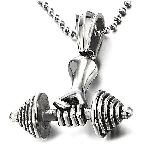 Mens Steel Hand Weight Lifting Barbell Dumbbell Pendant Necklace with 30 inches Ball Chain - coolsteelandbeyond