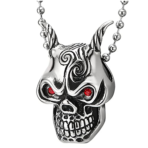 Mens Steel Horn Devil Skull Pendant Necklace with Red CZ Eyes and Tribal Tattoo Pattern Gothic Biker - COOLSTEELANDBEYOND Jewelry