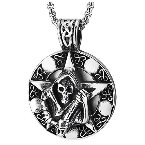 Mens Steel Vintage Cloak Skull Star Circle Pendant Necklace Tribal Tattoo Pattern 30 in Chain