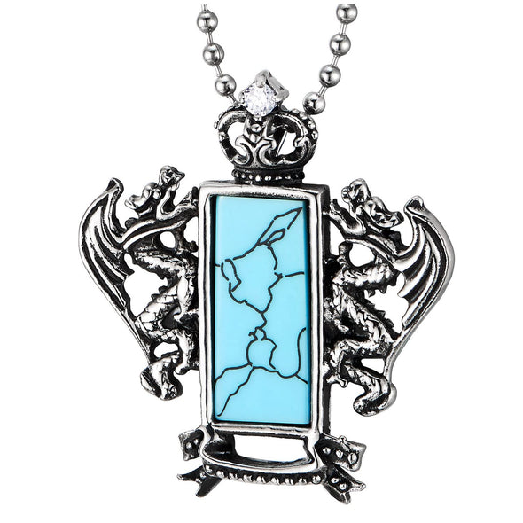Mens Steel Vintage Crown Double Dragons Medal Pendant Necklace with Turquoise, 30 inches Ball Chain - COOLSTEELANDBEYOND Jewelry