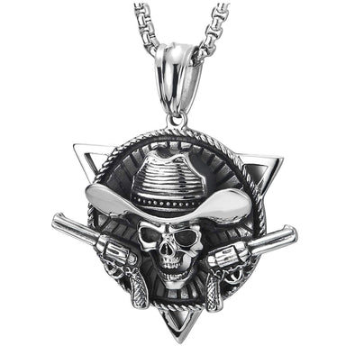 Mens Steel Vintage Hat Cowboy Skull Circle Triangle Pendant Necklace 30 in Wheat Chain - COOLSTEELANDBEYOND Jewelry