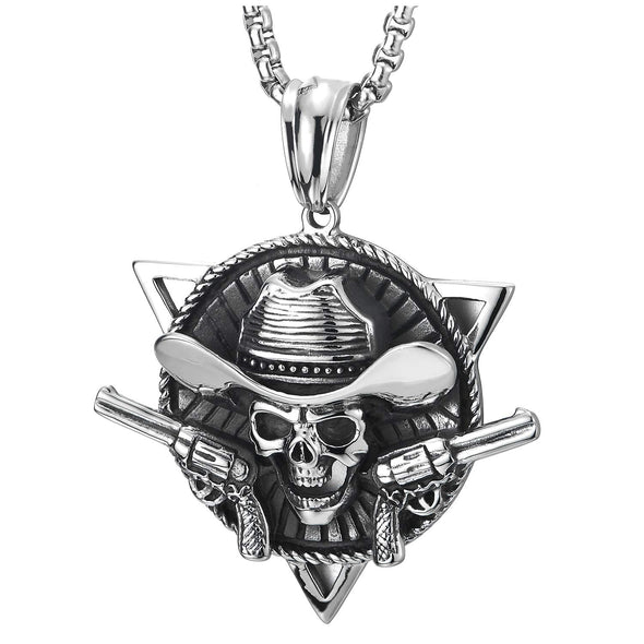 Mens Steel Vintage Hat Cowboy Skull Circle Triangle Pendant Necklace 30 in Wheat Chain - COOLSTEELANDBEYOND Jewelry