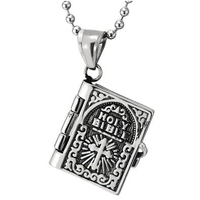 Mens Steel Vintage Openable Holy Bible Book Pendant Necklace Cross Burst Sun Rays Tattoo Graphic - COOLSTEELANDBEYOND Jewelry