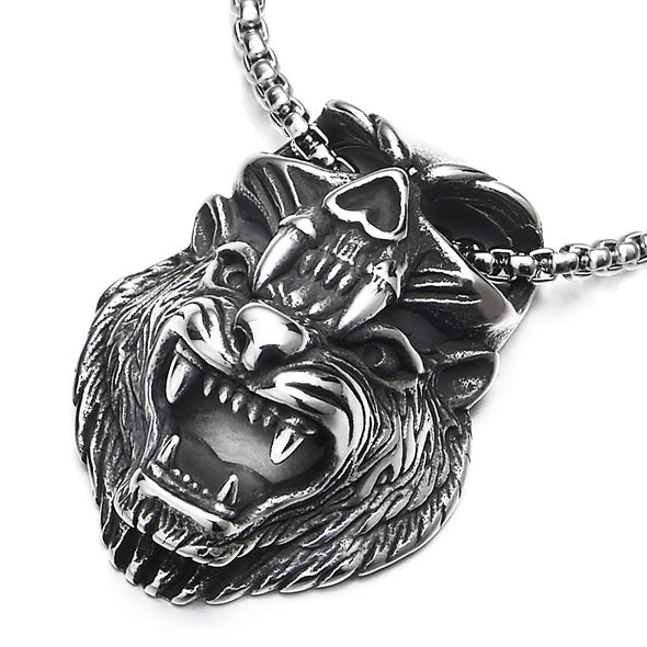 Mens Steel Vintage Roaring Tiger Head Punisher skull Fang Pendant Necklace, 30 inches Wheat Chain