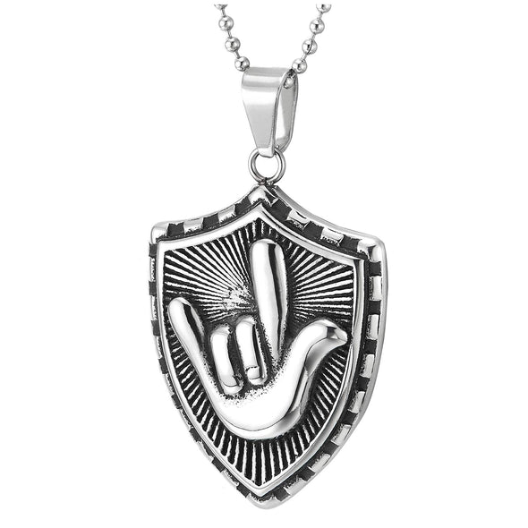 Mens Steel Vintage Rock and Roll Hand Sign Gesture Shield Pendant Necklace, 30 Inches Wheat Chain
