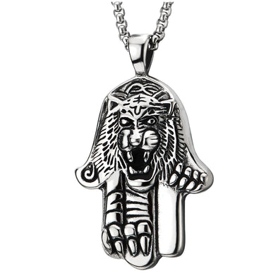 Mens Vintage Stainless Steel Convex Lion Head Hand Pendant Necklace, 30 inches Wheat Chain - COOLSTEELANDBEYOND Jewelry
