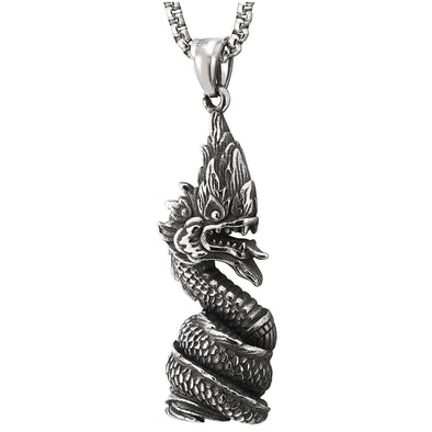 Mens Vintage Stainless Steel Curl up Dragon Pendant Necklace with 23.6 inches Wheat Chain - COOLSTEELANDBEYOND Jewelry