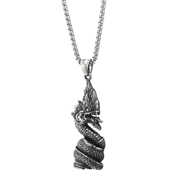 Mens Vintage Stainless Steel Curl up Dragon Pendant Necklace with 23.6 inches Wheat Chain - COOLSTEELANDBEYOND Jewelry