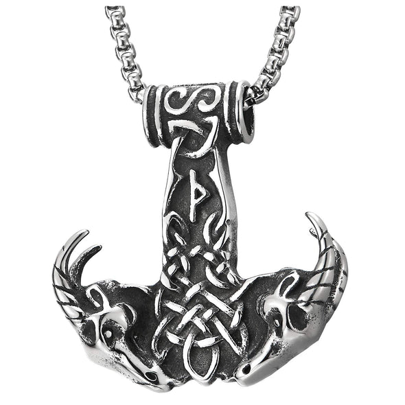 Mens Vintage Steel Thors Hammer Necklace Pendant with Double Goat Head Spiked Horn Irish Celtic Knot