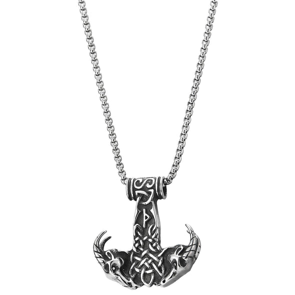 Mens Vintage Steel Thors Hammer Necklace Pendant with Double Goat Head Spiked Horn Irish Celtic Knot