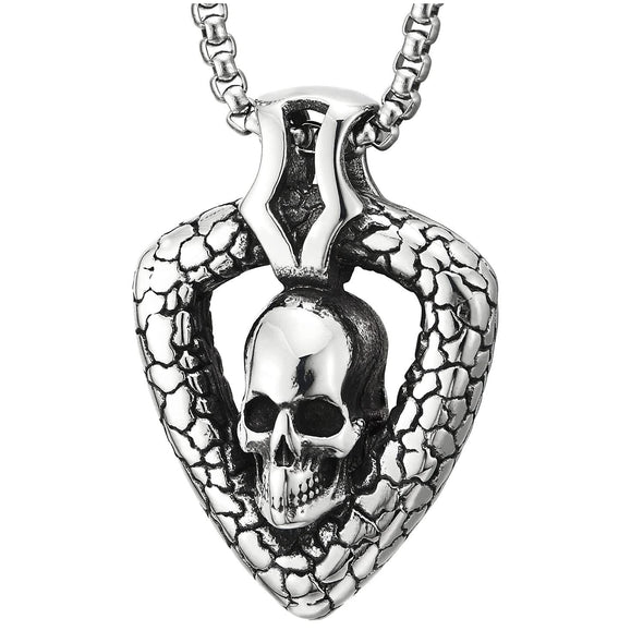 Mens Women Biker Steel Textured Open Inverted Triangle Skull Pendant Necklace with 23.6 in Chain - COOLSTEELANDBEYOND Jewelry